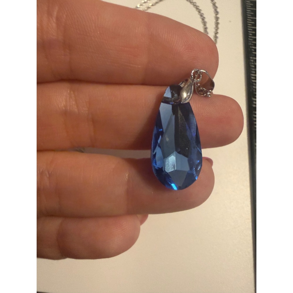 Blue Faceted Crystal‎ Teardrop Pendant Necklace Silver Tone Adjustable Chain